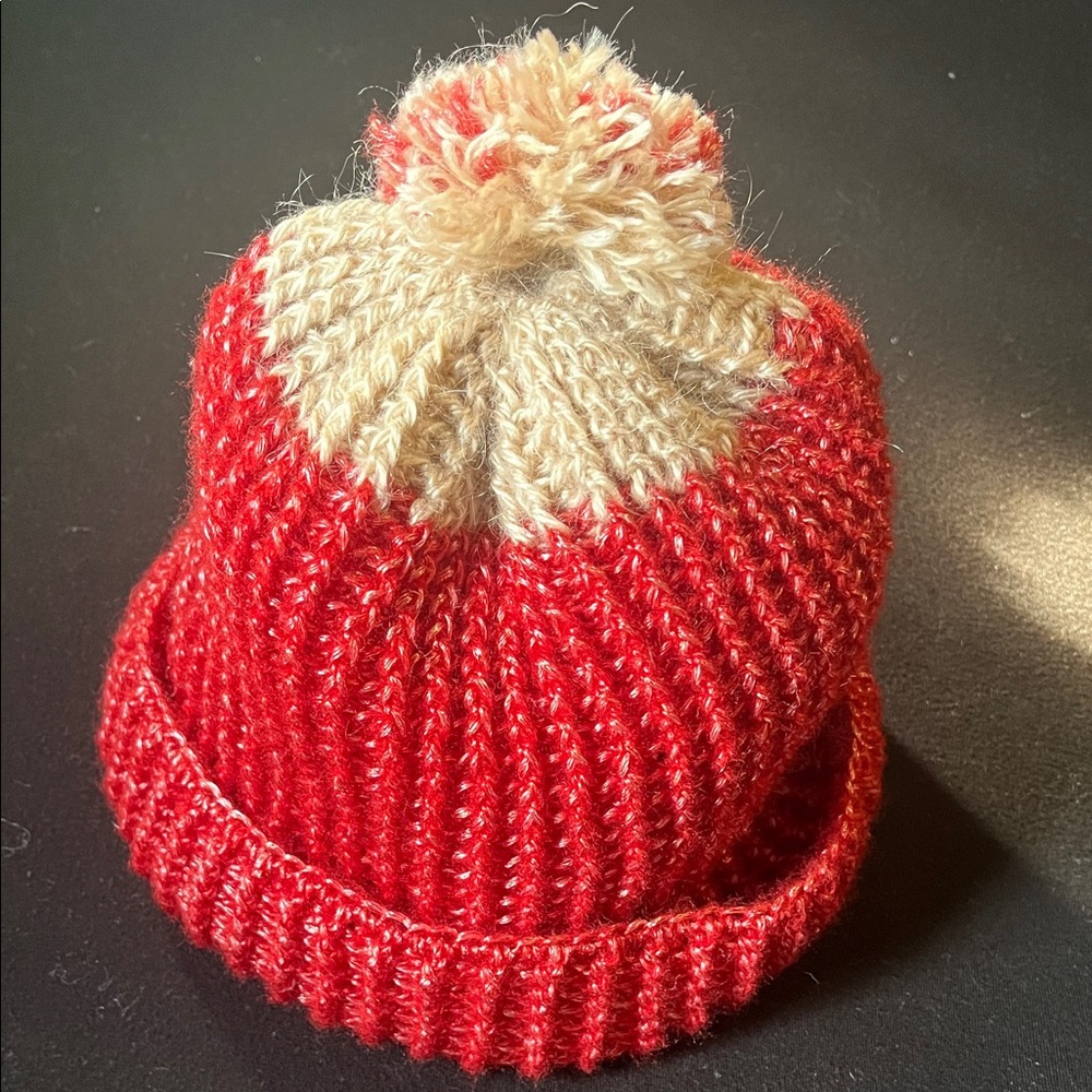 Red and Cream Knit Beanie